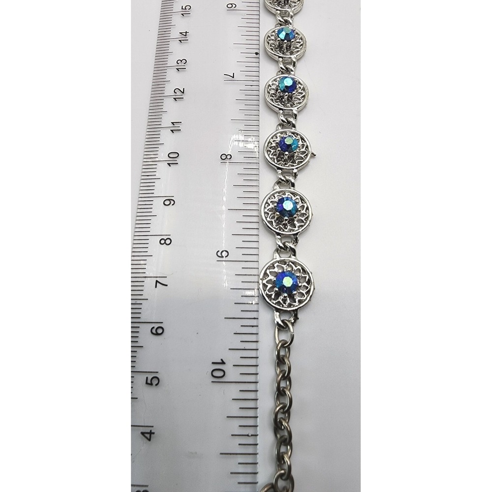 Vintage Dark Blue Aurora Borealis Rhinestone Silver Tone Filagree Necklace 17.5" - Picture 13 of 15